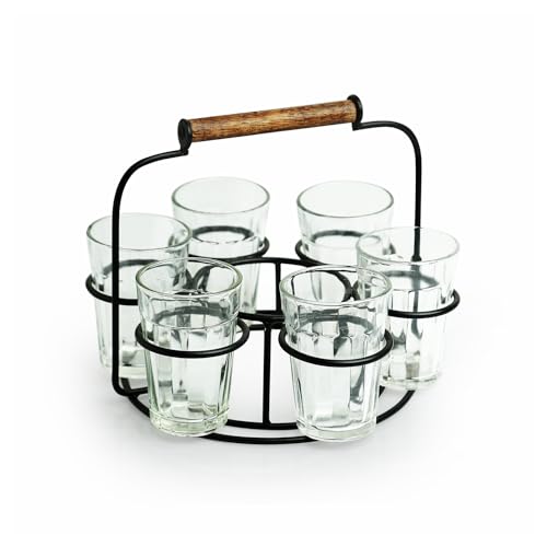 Image of ExclusiveLane 'Rail Express' Tea Glasses Set of 6 with Iron Holder (6 Glasses) | Chai Glasses with Stand Chai Cups Cutting Chai Glasses Tea Glasses with Handle Tea Cups Set of 6 Drinkware