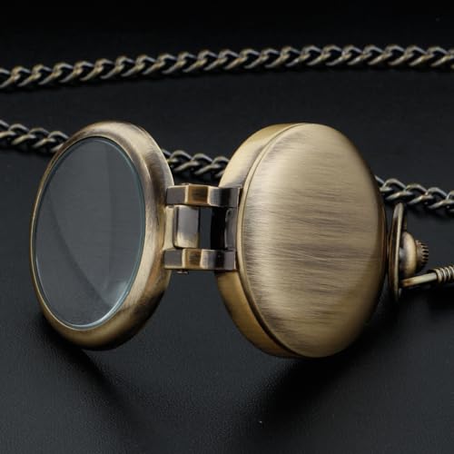 Image of Tiong Transparent Cover Pocket Watches Quartz Roman Numerals Men Arabic Numerals with Chain&Box(Bronze-R)