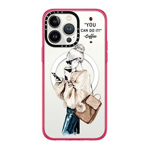 CASETiFY �R���p�N�g iPhone 14 Pro Max �P�[�X [MIL�K�i���� (2x MIL-STD-810G)/1.2m����̗����e�X�g���N���A/MagSafe �ɑΉ�] - Girl and coffee - Hot Pink