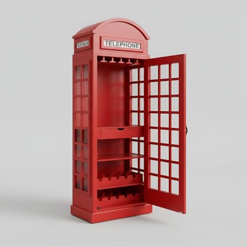 Image of Giles Vintage Telephone Booth Bar Cabinet - Solid Mango Wooden Wine Storage Cabinet with Glass Holder & Bottle Rack, Freestanding Liquor Bar Unit for Living Room, Home Decor (Red Finish)