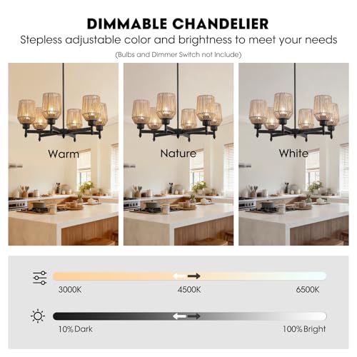 Siljoy Rattan Chandelier Farmhouse Boho Chandeliers Light Fixture, 6-Lights Rattan Wicker Black Chandelier Ceiling Hanging with Woven Lampshade, Rustic Chandelier for Dining Room Kitchen Hallway — view 4