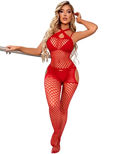 UMIPUBO-Lenceria-Mujer-Sexy-Conjunto-de-Lenceria-de-una-Pieza-Negra-Mini-Body-Ropa-De-Dormir-Babydoll-Ropa-Interior-de-Malla-Transparente-sin-TangaRojo-ETalla-unica