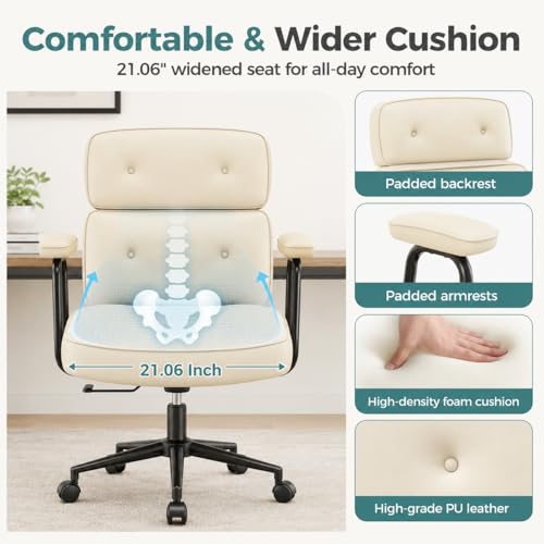Image of Ergonomic Home Office Desk Chair, PU Leather Computer Chair with Lumbar Support, Adjustable Height, 360 Swivel Rolling Wheels, Executive Task Chair for Office, Gaming, Meeting Room, Beige