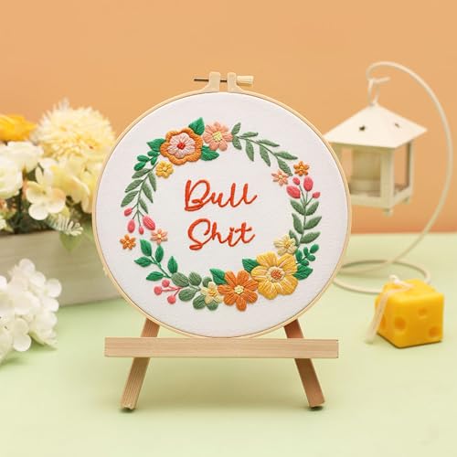 Image of Louise Maelys Funny Flower Wreath Embroidery Kit for Beginners, DIY Craft | Floral Needlepoint Kit with Pre-Printed Fabric, Hoop, Threads, Needles and Guide. Cross Stitch Starter Kit for Adults