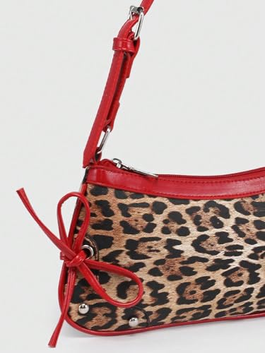 Image of QWINEE Women's Leopard Print Purse Y2k Cheetah Shoulder Bag Bow Studded Clutch Zipper Adjustable Strap Underarm Bag