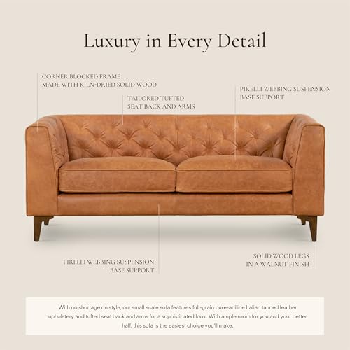 Image of Poly & BARK Essex 74 inch Leather Apartment Sofa - Mid-Century Tufted Design, Full-Grain Italian Leather, Feather-Down Cushions, Cognac Tan