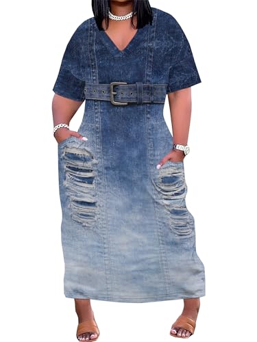 Image of SUZONANA Plus Size Denim Print Maxi Dresses for Women Casual V Neck Short Sleeve with Pockets Soft Jean Look Dress XL-6XL