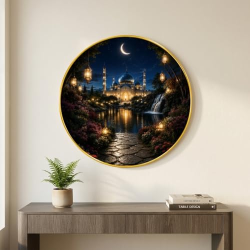Image of SAF Islamic Mosque Night View Round Wall Painting with Premium PVC Golden Frame, Crescent Moon Garden Waterfall Art, Muslim Home Decor for Living Room Prayer Room (23 x 23 Inch) GR-427