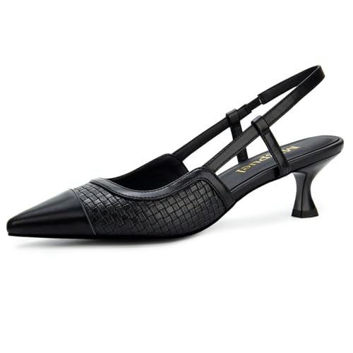 Woven Kitten Heels for Women Leather Pointed Toe Slingback Pumps Elastic Strap Comfortable Heels Wedding Office Dressy Shoes