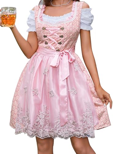Aibaowedding Dirndl Damen Midi Trachtenkleid mit Spitze inkl. Trachtenrock Dirndlbluse Dirndlschürze 3 teilig für Oktoberfest Rosa (M,Rosa 1)