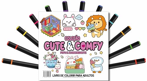 Cute & Comfy Coloring Book for Adults Edição 4 – Bold Easy – Livro de Colorir Adulto + 12 Canetas: