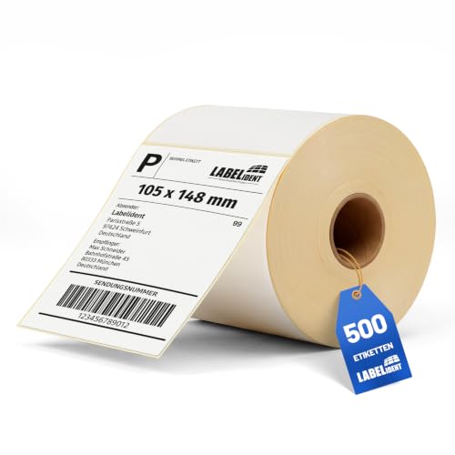 Labelident Versandetiketten (105 x 148 mm) - 500 Thermoetiketten auf 1 Rolle/n | Stark selbstklebende Thermodirekt-Labels für DHL, DPD, Fedex, GLS, Hermes, UPS, Zebra