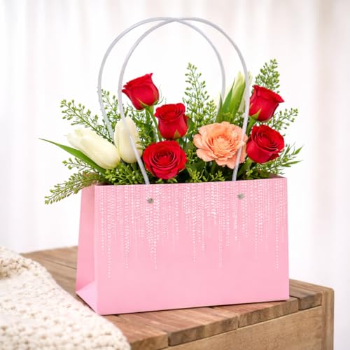 Image of Oasis Pack of 10 Pink Texture Print Flower Hamper Bags | Premium Floral Packaging Bags for Rakhi Gift Hampers, Flower Bouquets, Wedding, Return Gifts, Decorative Presentation & Florist Supplies