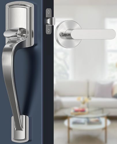 Image of Nickel Front Door Handle No Lock, Heavy Duty Front Door Lock Set | Brushed Exterior Door Handle No Lock for Every Deadbolt, Zinc Exterior Door Lock, Entry Handleset, Easy Install, Universal