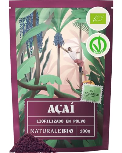 NaturaleBio Bayas de Acai Orgánico en Polvo - Freeze-Dried - 100g. Pure Acaí Berry Powder Extracto Crudo de la Pulpa de la Baya de açaí liofilizado. Bio cultivado en Brasil. Superalimento Ecológico.