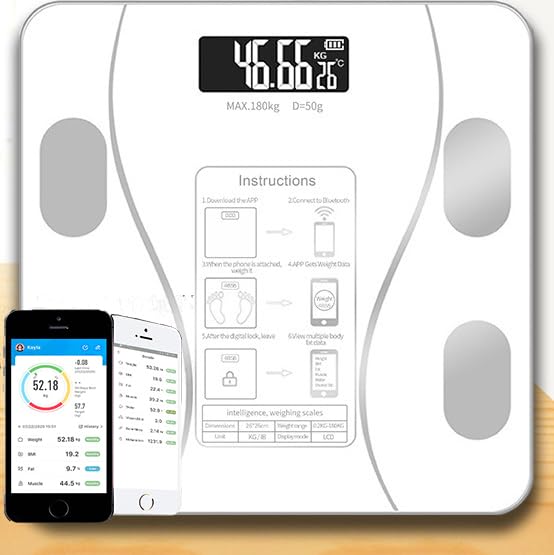 WITFAMILY Báscula de análisis corporal Smart Bluetooth – Capacidad de carga de 180 kg, 70 valores corporales, incluye grasa, IMC, agua, % – Compatible con APP – Pantalla LED grande