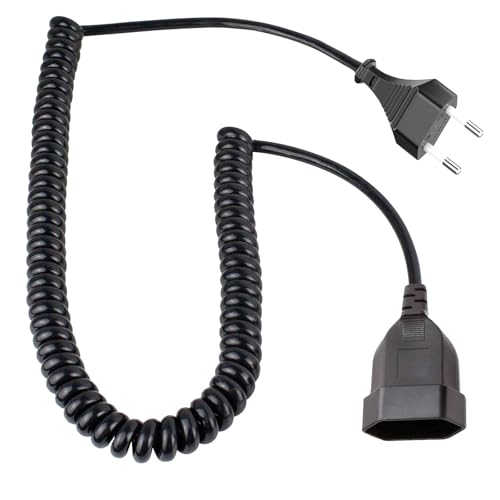 Spiralkabel Verlängerung 1,5m - Eurostecker Flachstecker Spiralkabel 2 adrig Netzkabel Verlängerungskabel für TV, Spielekonsole, Haushaltsgeräte,Büro, Außenbereich（Schwarz）