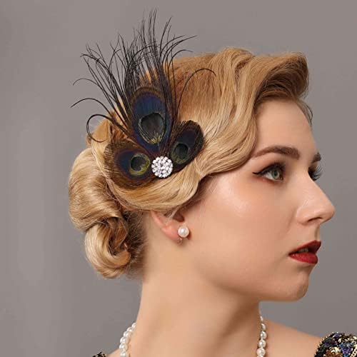 Fashey 1920s Accessories for Women Flapper Hair Clips Peacock Feather Headpieces Great Gatsby Headpiece Rhinestone Hair Pin Roaring 20s headpieces Party Prom Hair Accessories