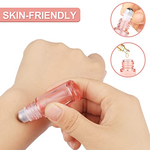 Wresty 1/6 Oz Pink Glass Roller Bottles, 6 Pack 5ml Roll On Bottles With Rose Gold Lids For Essential Oils, Perfume, Cosmetic Liquid3