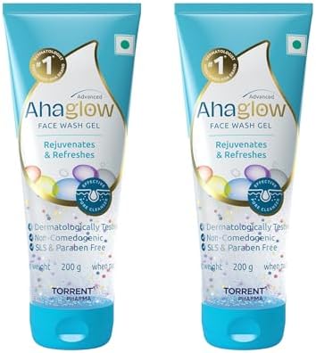 Ahaglow Advanced Face Wash Gel with AHA(Alpha-Hydroxy Acid)|Jojoba Oil|Tea Tree Oil|Allantoin|Vitamin E|Oakbark Extract|Dermatologically Tested| 200g * 2 - Torrent Pharma