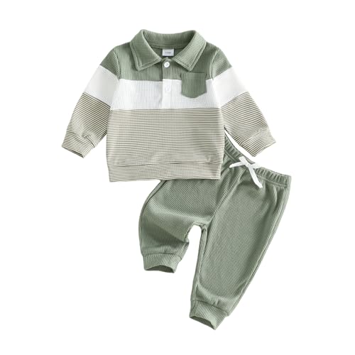 Image of Baby Boy Waffle Knit Outfit Set Color Block Striped Sweatshirt Long Sleeve Pullover Tops Jogger Pants Cute 2Pcs Infant Toddler Autumn Winter Casual Clothes 3 6 12 18 24M 3Y (Green, 18-24 Months)