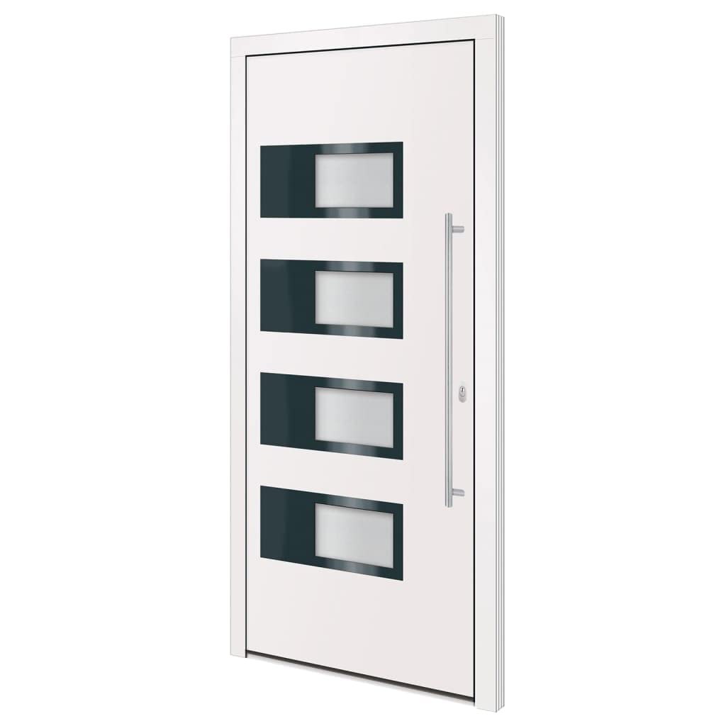 Białe drzwi wejściowe 100 x 210 cm z aluminium i PCW z solidną ramą, 5-drożnym zamkiem hakowym, przeszkleniem izolacyjnym i wzmocnieniem ze stali ocynkowanej, 3 regulowane zawiasy