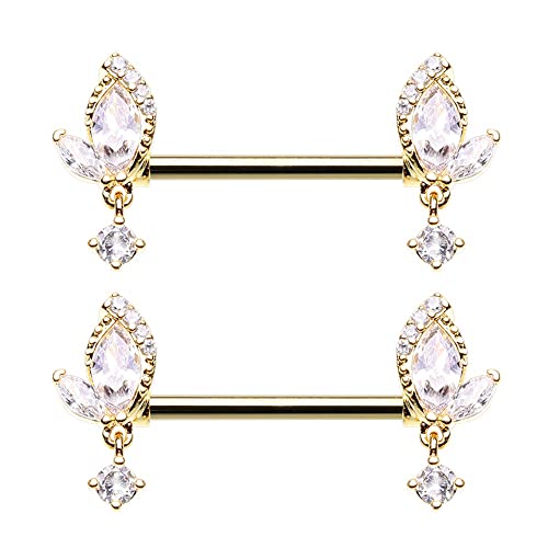 14Ga Stainless Steel Cz Crystal Leaf With Dangling Gem Nipple Barbells, Sold As A Pair (Gold Tone) #TOP5