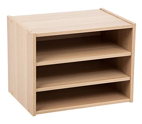 Image of IRIS USA 3-Shelves Modular Wood Stackable Storage Box, Easy Assembly, Customizable, DIY Bookcase, Stacking Storage Organizers, Cube Storage, Cubby Storage System, Home Office Closet, Light Brown