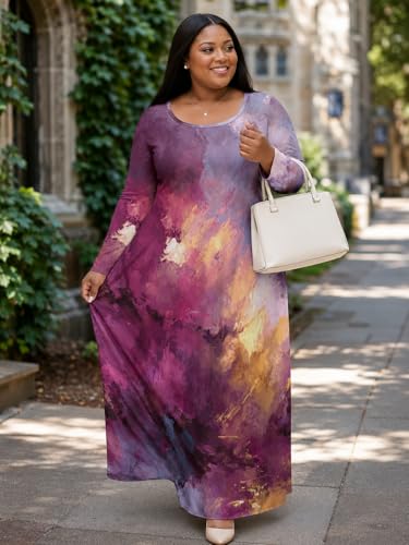 Image of PinkPatty Plus Size Maxi Dress for Curvy Women Crew Neck Long Sleeves Casual Dress Vacation Sundresses with Pockets