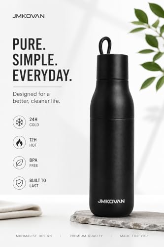 Image of Slim insulated Stainless Steel Water Bottle with Handle, Vacuum Double Wall, Leakproof Lid, Fits Car Cup Holder, Minimalist Design (1-pack)