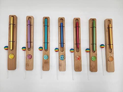 Yantra Set of 7 Chakra Zenergy Chime Bells with Gemstone,mallet and Chakra Signed Color Bags