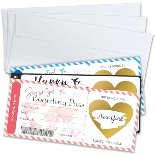 CPJJ 3er Set Überraschungs Flugticket Geschenk DIY Rubbelkarte mit Umschlag flugticket geschenk reisegutschein boarding pass geschenk verpackung pass reise geschenk- Reise Geschenkverpackung