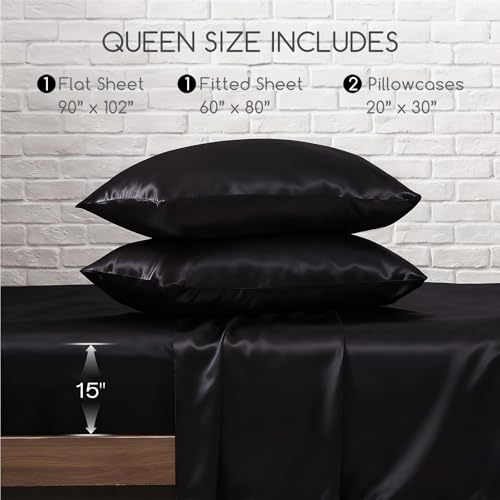 Image of MR&HM 4Pcs Satin Sheets(Queen, Black)