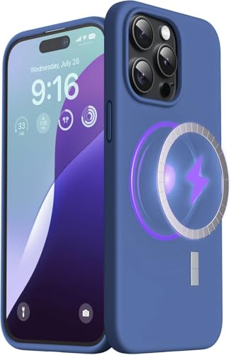 Image of Elzzi Magnetic Silicone Case Compatible with iPhone 16 Pro Max Case, Built-in Magnets, Soft Grip Silicone Mag-Safe Case, Shockproof Camera Protection Cover (Blue)