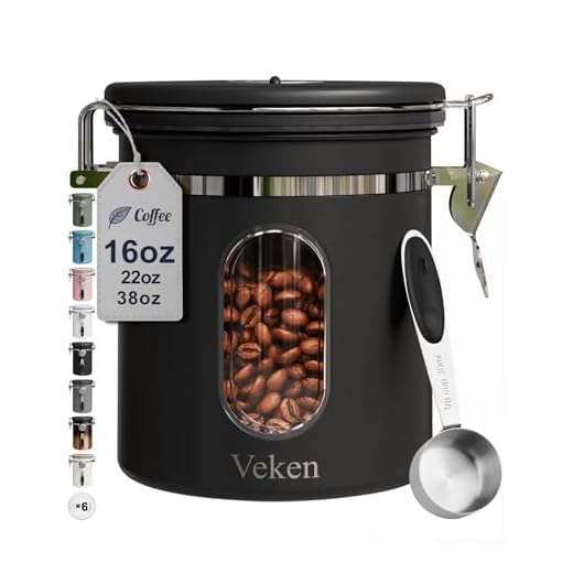 Veken Coffee Canister with Window, Airtight Stainless Steel Kitchen Food Storage Container with Lids, Date Tracker and Scoop for Grounds Coffee, Beans, Tea, Flour, Cereal, Sugar Jars, 16OZ, Black