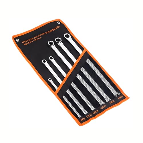 FROOBY 6pc Long Ring Combination Spanner Set, Extra Long Double Ended Metric Wrenches 8–21mm, Chrome Vanadium Steel Aviation Spanners, Workshop, Mechanic, Garage, Automotive, DIY Tools with Roll Bag