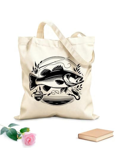 XIARON Bolsa de compras reutilizable Caña de pescar, carrete y señuelos para lubina Tela de 340g/m² de grosor Material agradable para la piel L Negro