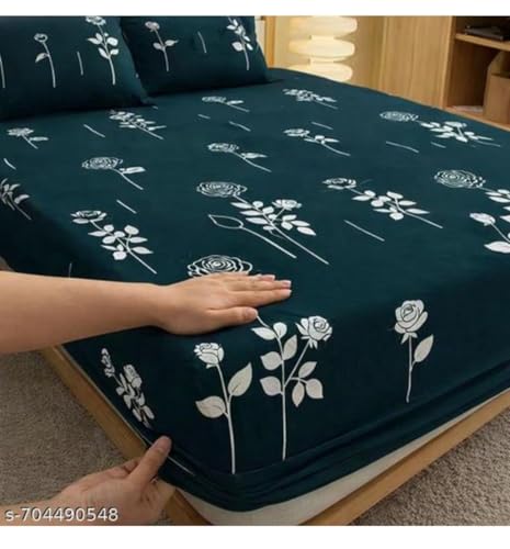 Image of Warm Flannel (Flano) King Size 330 TC Winter Fitted Bedsheet | All Side Elastic Premium Winter Soft Velvet Furnishing Bed Sheet with 2 Big Pillow Cover Size - 72 x 78 X 8 Inches Dark Green