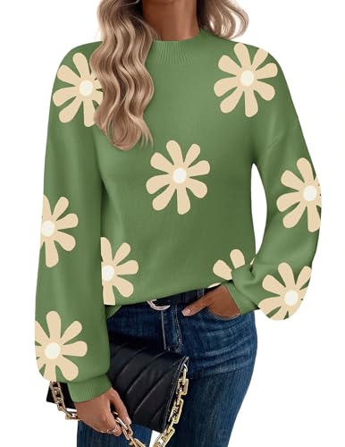 Zeagoo Sweaters for Women Fall Fashion 2025 Trendy Long Sleeve Turtleneck Pullover Lantern Knit Sweater Tops Green-Flower