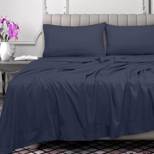 Image of Royale Linens 300 Thread Count 100% Long Staple Combed Cotton Flat Sheet - Super Soft - Top Sheets - Twin Flat Sheet Sold Separately - Breathable, Cool & Crisp Percale Sheets Only (Twin, Navy)