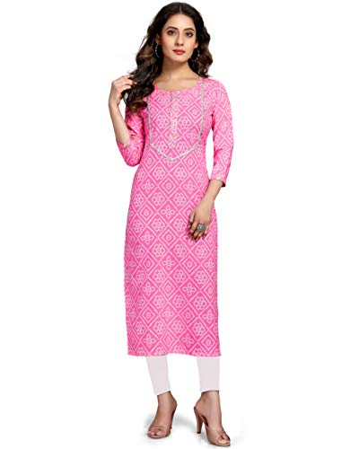 Image of Rajnandini Women's Pure Cotton Straight Fit Casual Cambric Jaipuri Bandhani Printed Kurti (JOPLJPR57-P)