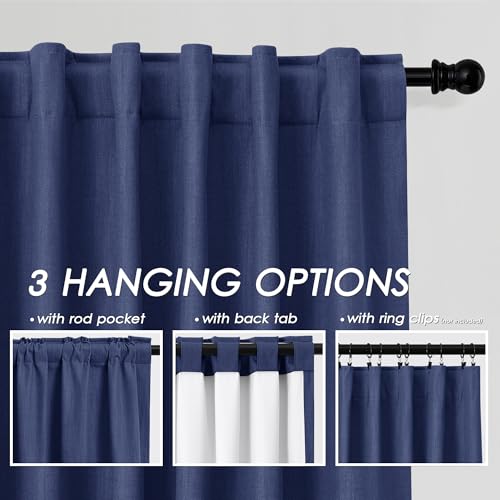 Image of Classic Blue 100% Blackout Linen Curtains for Bedroom 90 Inches Long Back Tab Thermal Insulated Modern Coastal Decor Black Out Curtain for Living Room Dining Room Rod Pocket Drapes 52x90, 2 Panels
