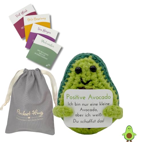 Pocket Hug Positive Avocado · Mutmachergeschenk für Freunde, Familie und Kollegen · Kreative Avocadofigur · Motivationsgeschenk & Glücksbringer deutsch · Handmade Woll-Avocado inkl. Zubehör