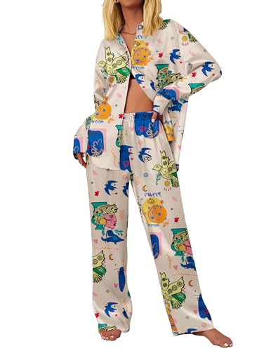 Ekouaer Womens Satin Silky Pajama Set 2 Piece Print PJs Soft Loungewear Button Down Sleepwear with Elastic Waist Long Pants