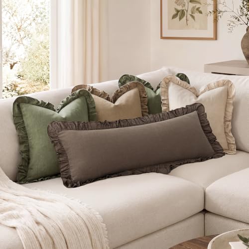Image of Foindtower Set of 1 Decorative Linen Fringe Ruffle Throw Pillow Cover Long Lumbar Farmhouse Cushion Cover Body Boho Accent Retro Pillowcase for Couch Bed Living Room Home Decor,14x36 Inch,Dark Brown