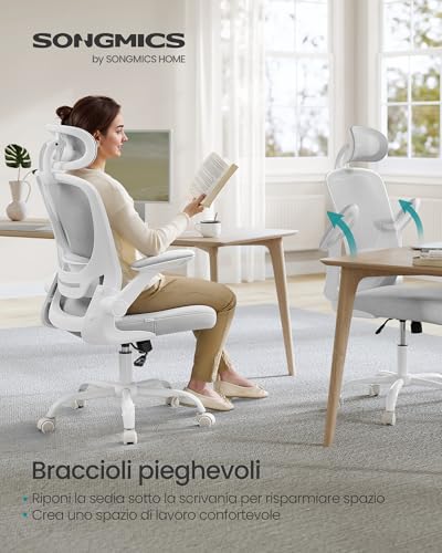 SONGMICS Sedia da Ufficio Girevole, Sedia di Rete da Computer Ergonomica, Supporto Lombare, Oscillante, Seduta 53 cm, Braccioli Pieghevoli, Poggiatesta, Grigio Tortora OBN047G01 - Immagine 2