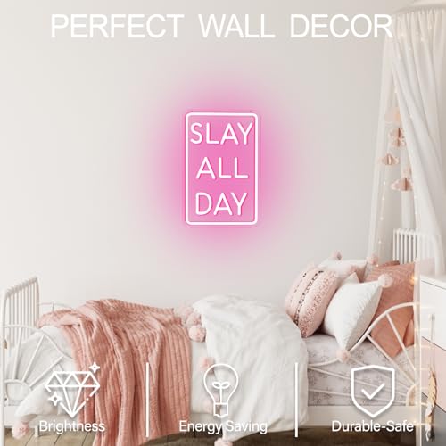 Image of Slay All Day Neon Sign Dimmable Neon Signs for Wall Decor Pink LED Signs USB Light Up Sign Room Decor for Teen Girl Preppy Bedroom Living Room Y2K Coquette Cool Downtown Teenage Girl Room Decoration