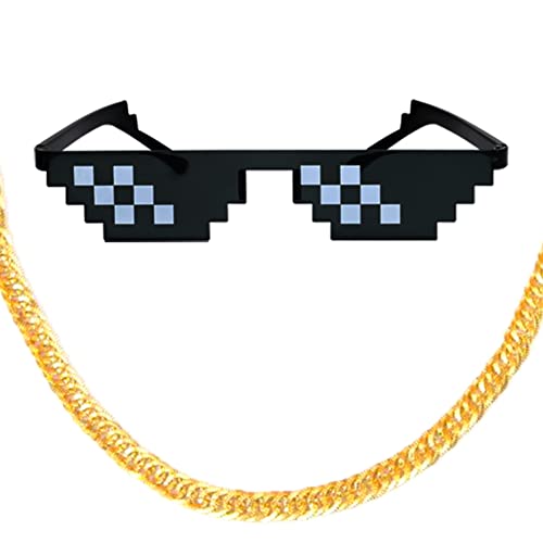 ZHIXUN Hip-Hop Kostüm Set,1 Pixel Sonnenbrillen,1 Zigarren aus Plastik,1 Rapper Gold Kette,Hip Hop Accessoires,für Männer und Frauen,Fasching Karneval Cover
