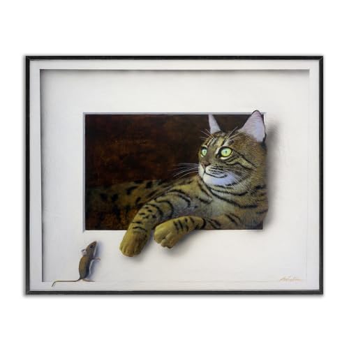 Manx Cat and Curious Mouse Illusion, 11 x 14 Inch Framed Giclée Print