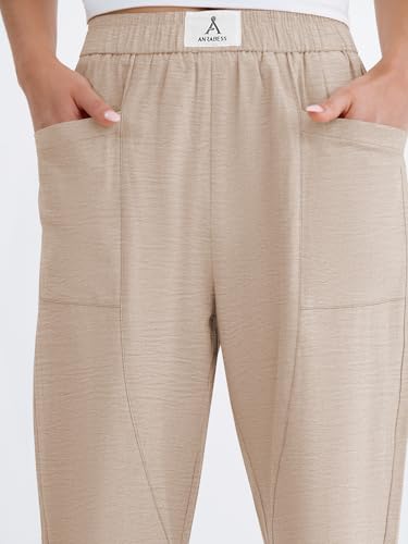 ANRABESS Womens Casual Pants 2026 Summer Loose Fit Lounge Pants with Pockets High Waisted Elastic Waist Straight Leg Trousers Parchment XXL — view 5